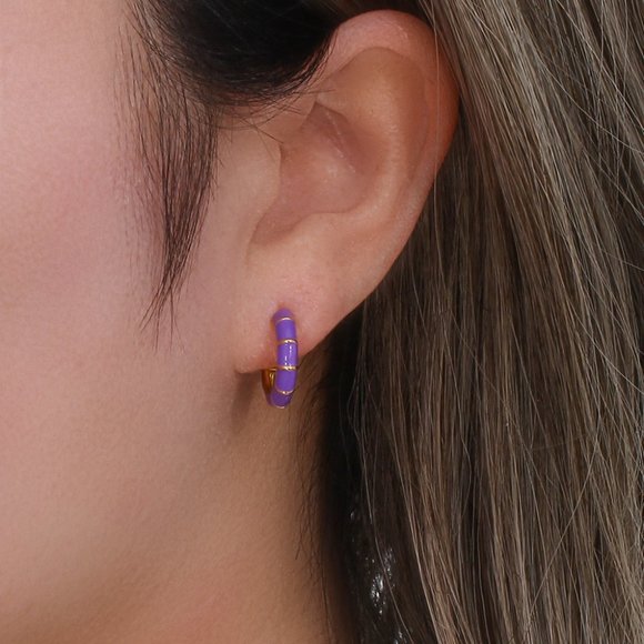 Purple Bamboo C Shape Hoop Huggie Earrings 18K Gold‎ Plated Stainless - Picture 3 of 5
